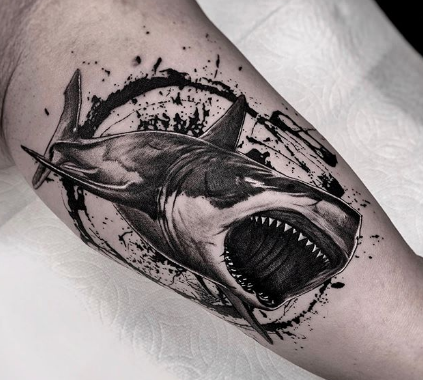 black and grey shark tattoo
