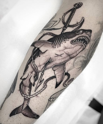 Tattoo of Great White Shark with a harpoon