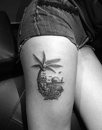 coconut palm beach sea tattoo on the thigh