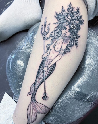 mermaid calf tattoo