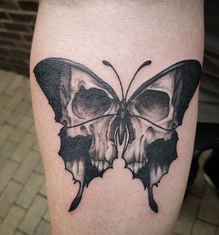 Skull Butterfly Tattoo on calf