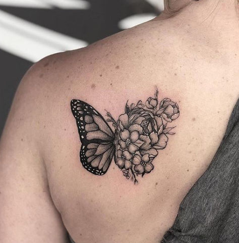 Butterfly and Flower Tattoo on back