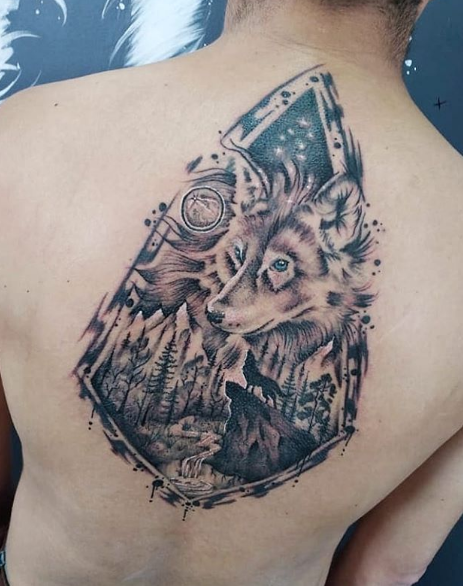 wolf tattoo on back
