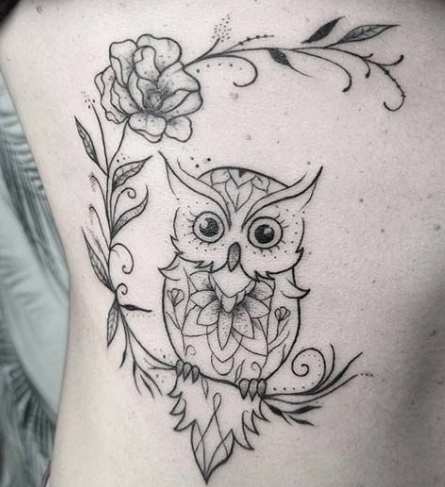 flower and Owl Drawing Tattoo
