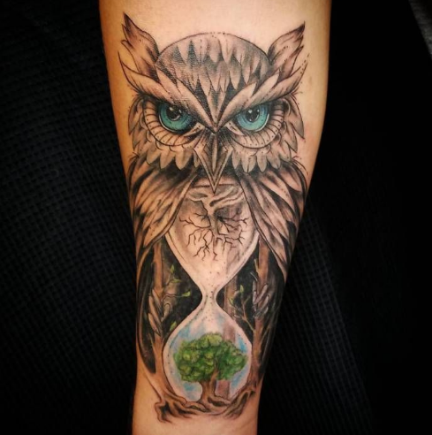 Hourglass and Owl Tattoo