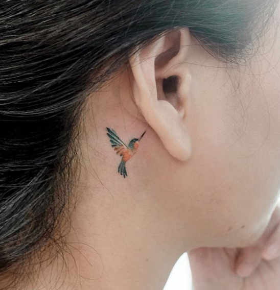 Hummingbird Tattoo Behind Ear