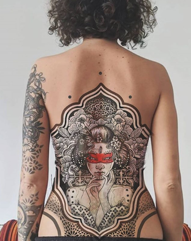 lady portrait full back tattoo