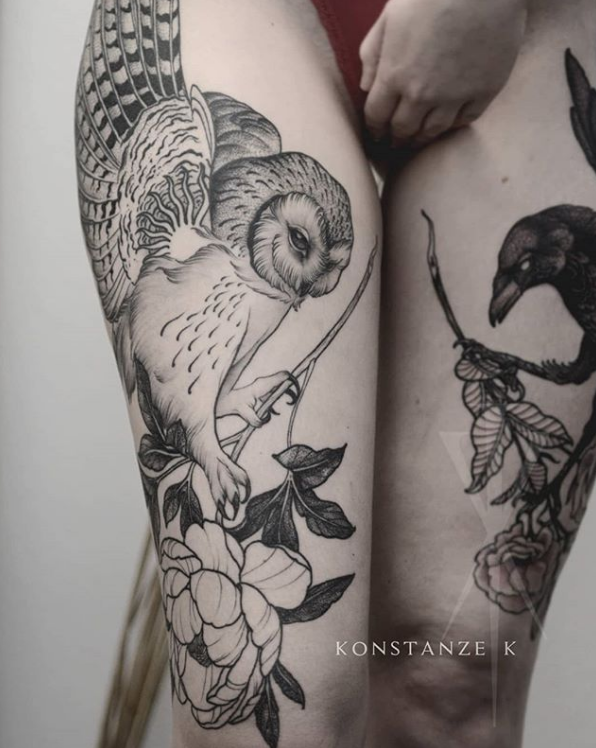 owl thigh tattoo