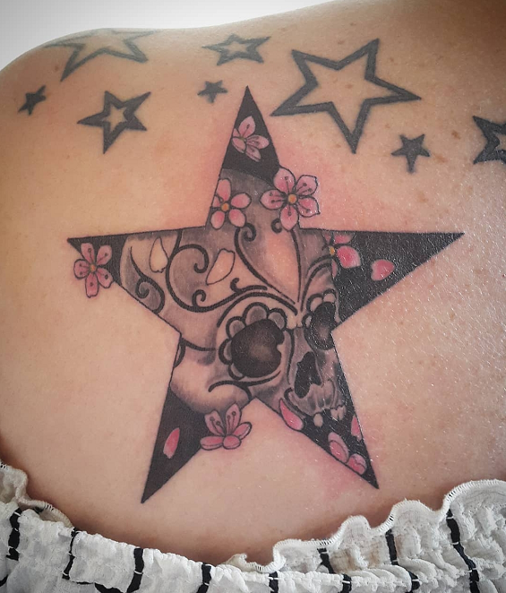 star frame skull sakura cherry blossom tattoo