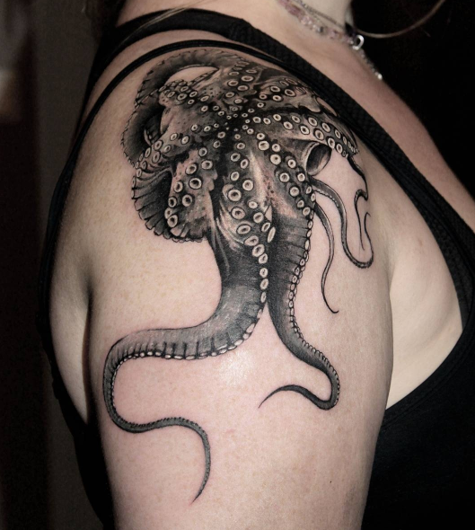 realistic octopus tattoo on shoulder