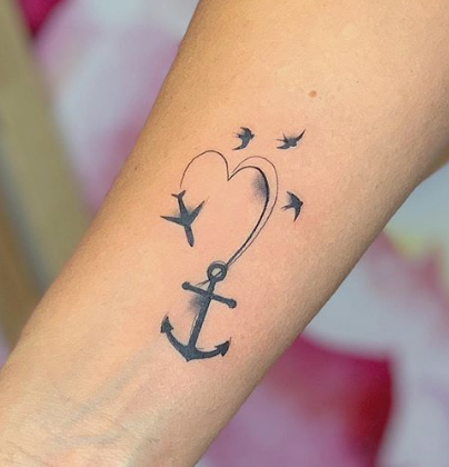 bird heart anchor tattoo design
