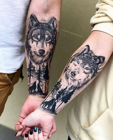 couple wolf sleeve tattoo for men and women