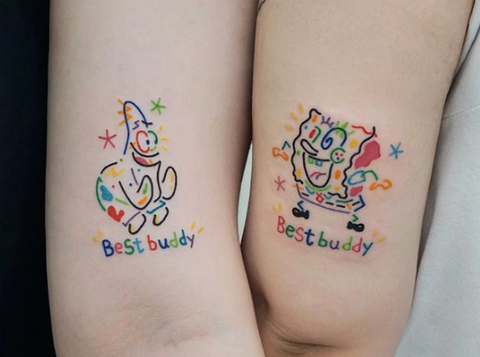 Best friend Doodlebob tattoo Spongebob Wrapped in Saniderm Done by Kira  Knowlton at White Lodge Tattoo  Friend tattoos Friendship tattoos  Tattoos