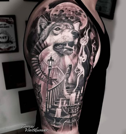 wolf woman sleeve tattoo
