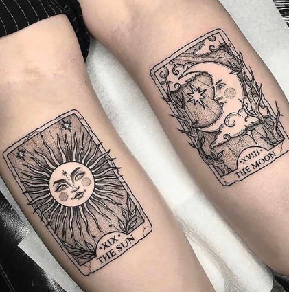 matching couple sun and moon poker card tattoo