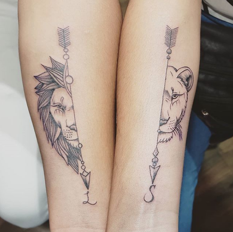 matching connecting couple lion and lioness tattoo