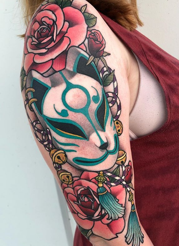 Japanese mask sleeve tattoo for men and women