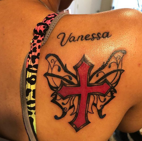 Cross and Butterfly Tattoo on back