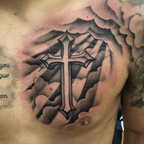 Cross and Clouds Tattoo on chest