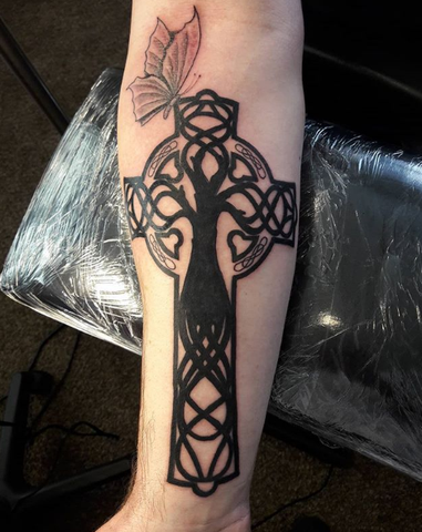 Cross and Butterfly Forearm Tattoo