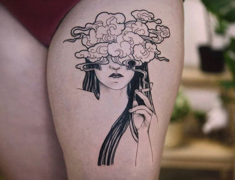 woman portrait smoke thigh tattoo