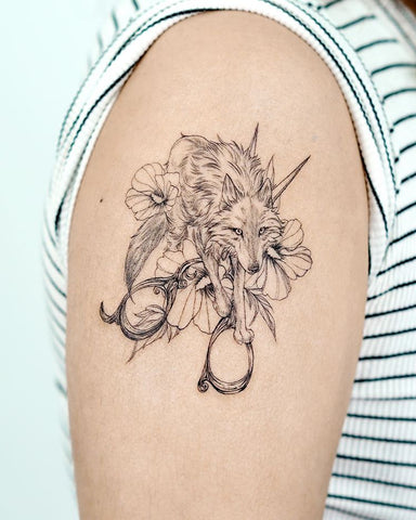 wolf animal scissors flower arm tattoo design