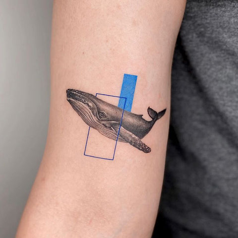 small whale arm tattoo with line and frame