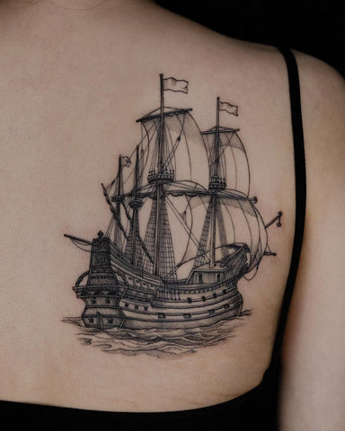 sail ship back tattoo