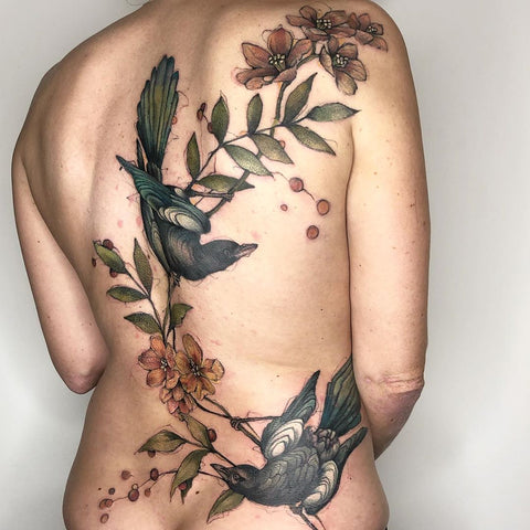 flower and bird back tattoo