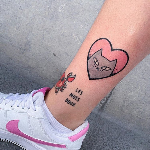 heart cat tattoo design on the ankle