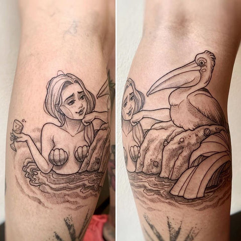 pelican bird mermaid calf tattoo