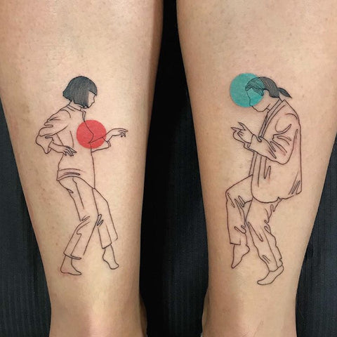 matching men and women calf tattoo