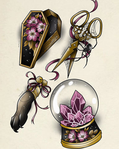 coffin animal claw scissors tattoo design