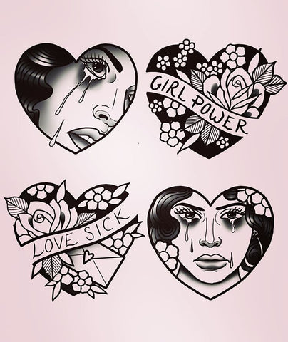 heart frame woman portrait flower tattoo design