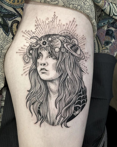 moon and universe head-dressed girl tattoo