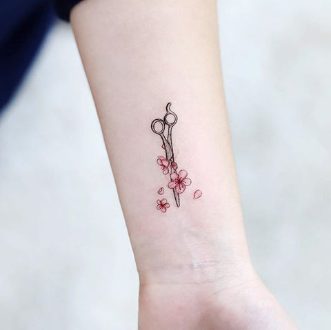 flower blossom scissors wrist tattoo design
