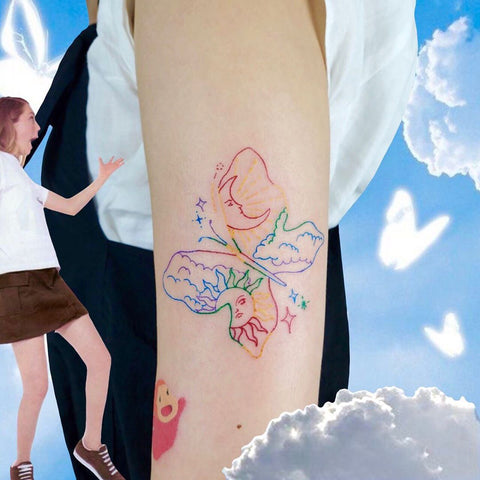 fine line sun and cloud tattoo
