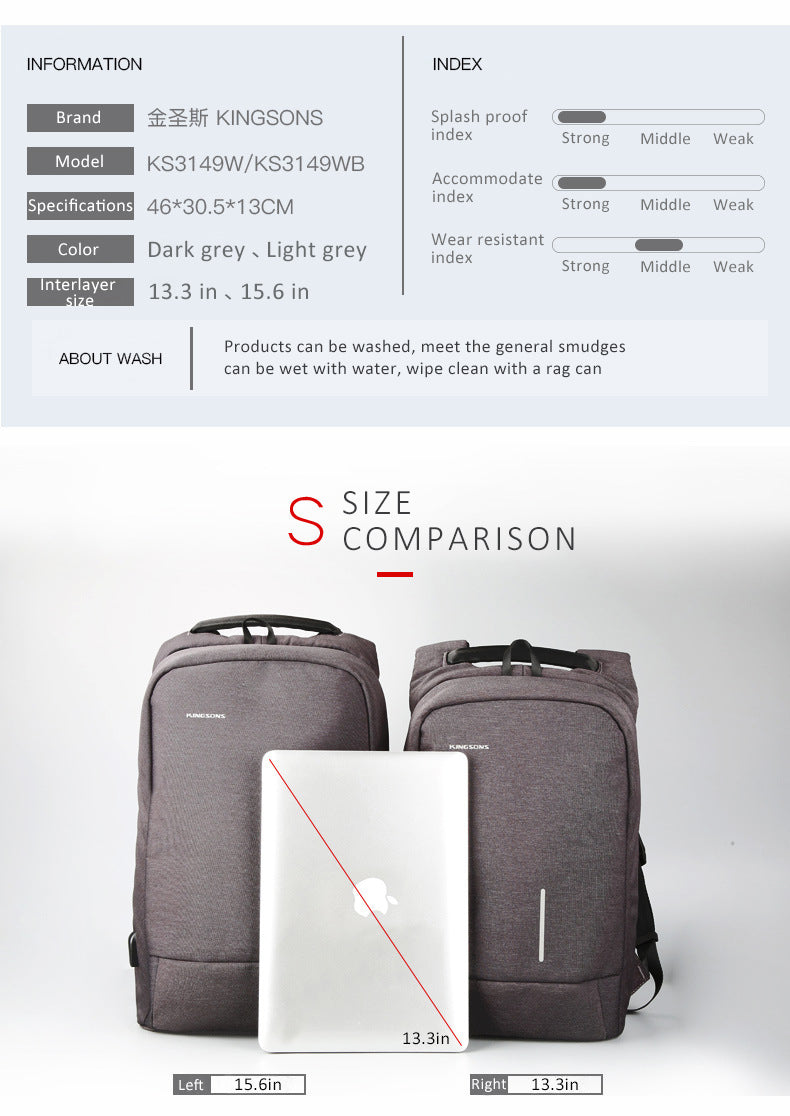 The kingsons anti-theft backpack has strong abrasion resistance, which can effectively protect the items in the backpack from sharp foreign objects. The colors are dark gray and light gray. The size is 15.6 inches from the left and 13.3 inches from the right. The product can be washed with water to adapt to general stains. Regarding cleaning, it can be moistened with water, wiped with a cloth and waterproof, so as to protect the files in the bag