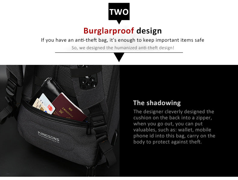 Branded zipper back security bag design, can hold all kinds of valuables kingsons anti-theft backpack