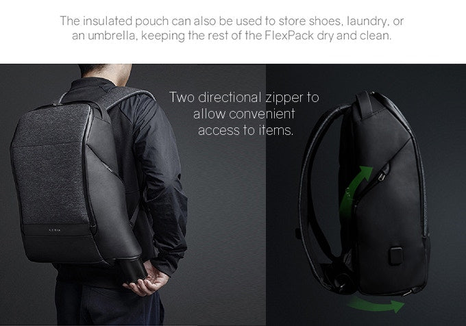 Two directional zippers to, The insulated pouch can also be used to store shoes, laundry, or an umbrella, keeping the rest of the FlexPack dry and clean. KORIN Design FlexPack Pro - kingsons backpack