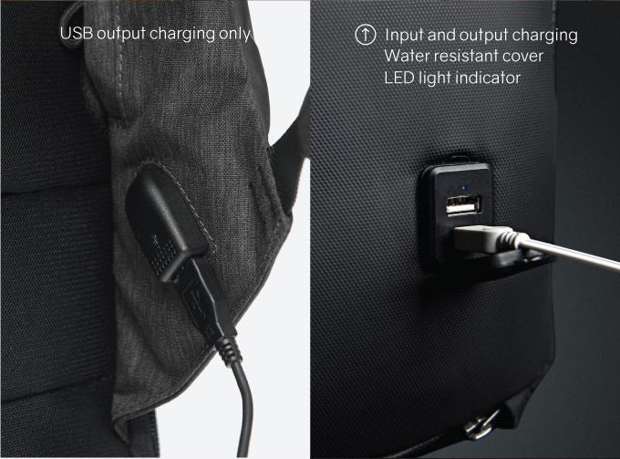 KORIN Design FlexPack ProDetailed information diagram of the USB port on the side of the backpack - kingsons.com