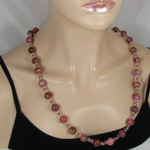 Pink Rhodonite Gemstone and Pink Crystal Bead Necklace
