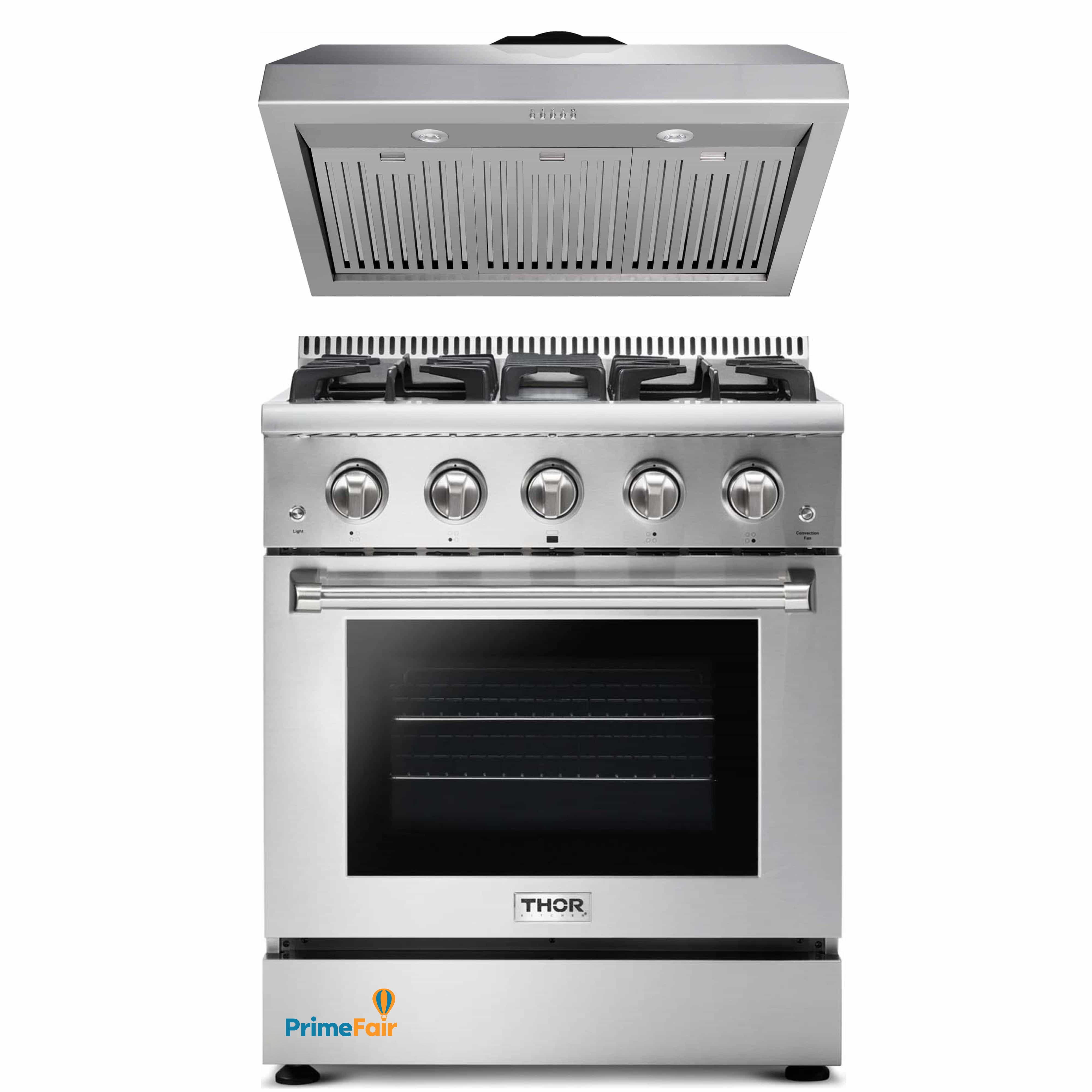 Thor Kitchen 2-Piece Pro Appliance Package - 30-Inch Gas Range & Premium Under Cabinet Hood in Stainless Steel