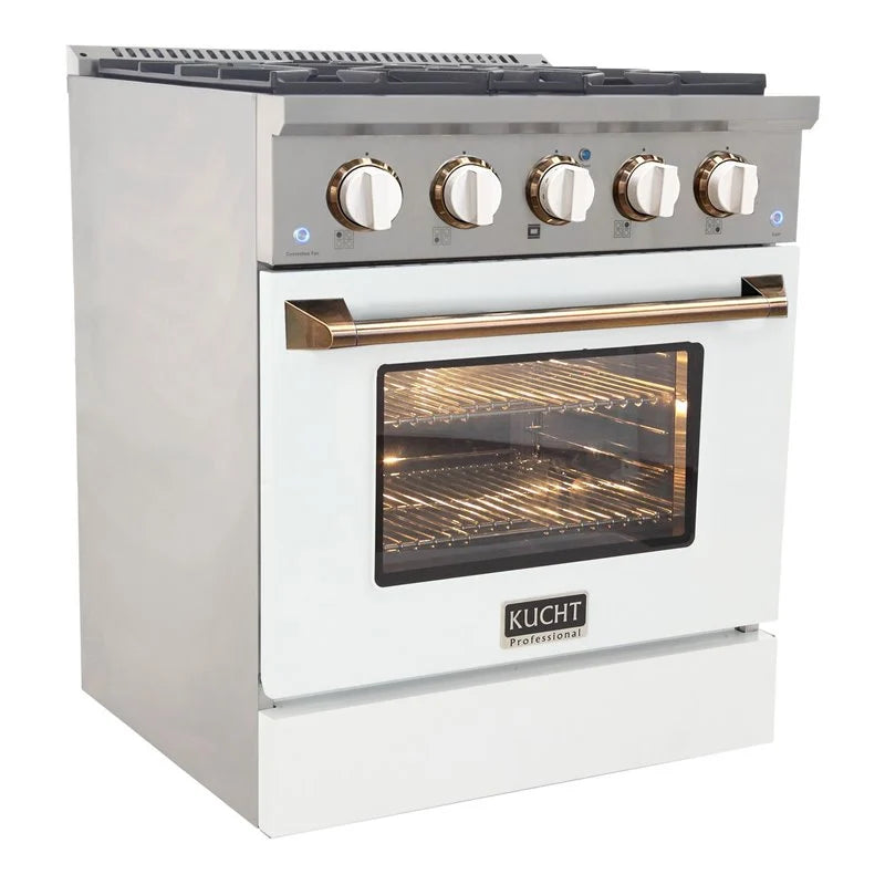 Kucht Signature 30-Inch Gas Range with Convection Oven in White with White Knobs & Gold Handle (KNG301-W-GOLD)