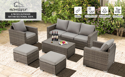 Outdoor Patio Sectional Sofa-6 Piece Rattan Wicker Furniture Set with Blue Cushion 108W X 58L 