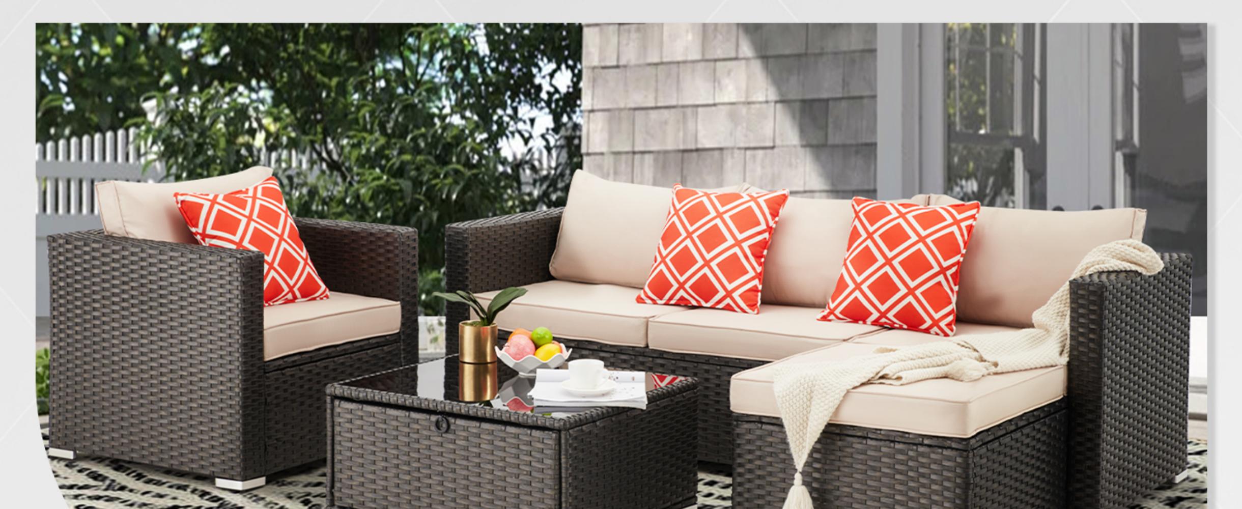 HOMREST 4 Pieces Wicker Rattan Outdoor Sectional Sofa, Khaki