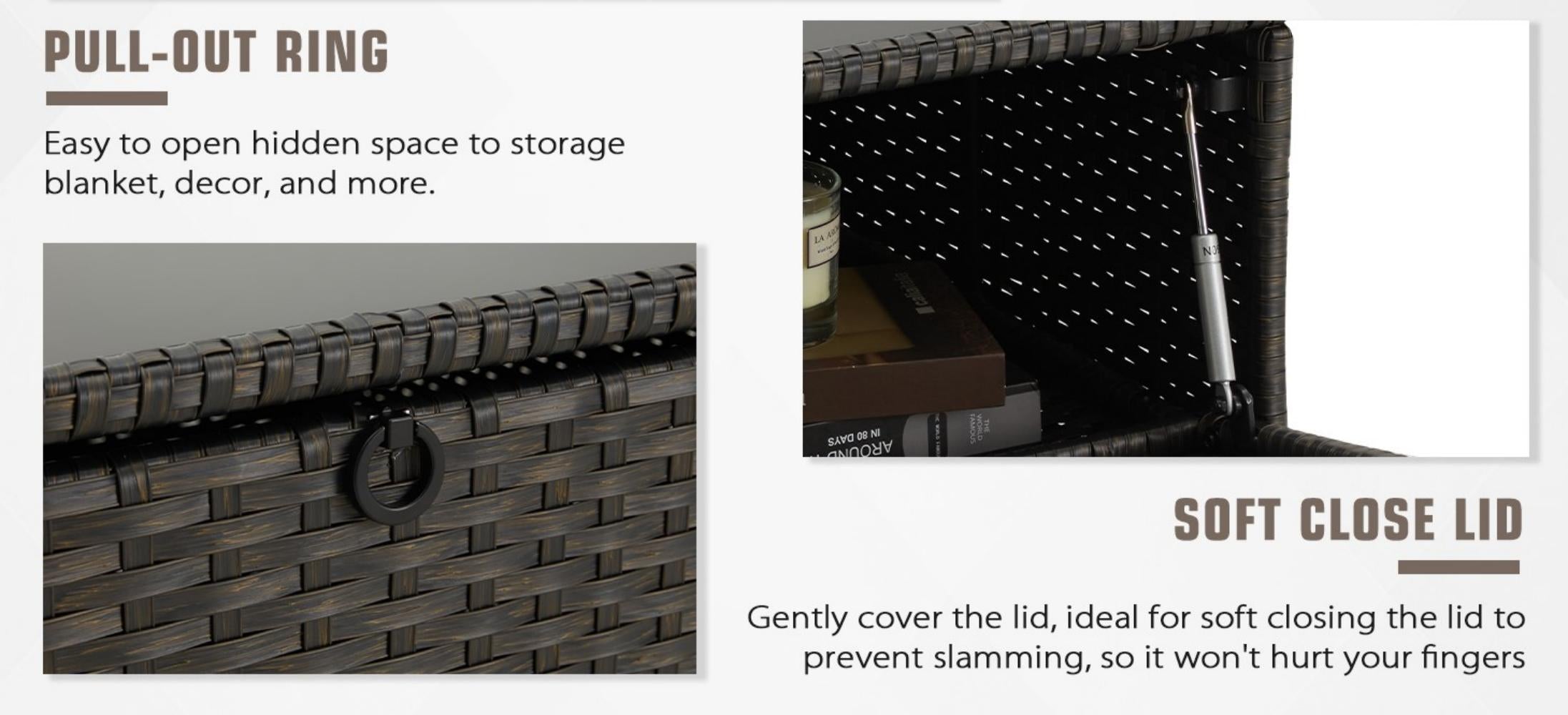 Pull-out ring of homresr 4 pieces wicker rattan outdoor sectional sofa, easy to open hidden space to storage blanket, decor and more.