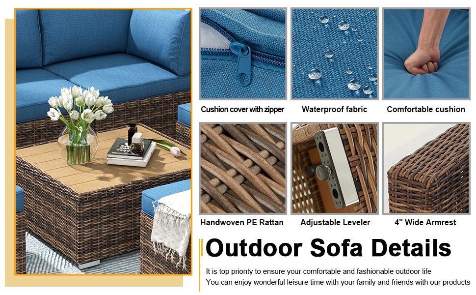 Cushion cover with zipper, waterproof fabric, comfortable cushion, handwoven PE rattan, adjustable leveler and 4'' wide armrest.