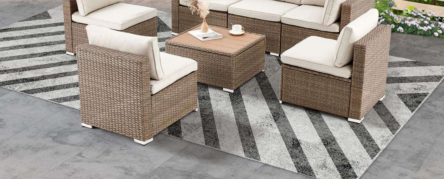 Homrest 7 pieces patio furniture set with plastic wood table top, metal foot and high density cotton.