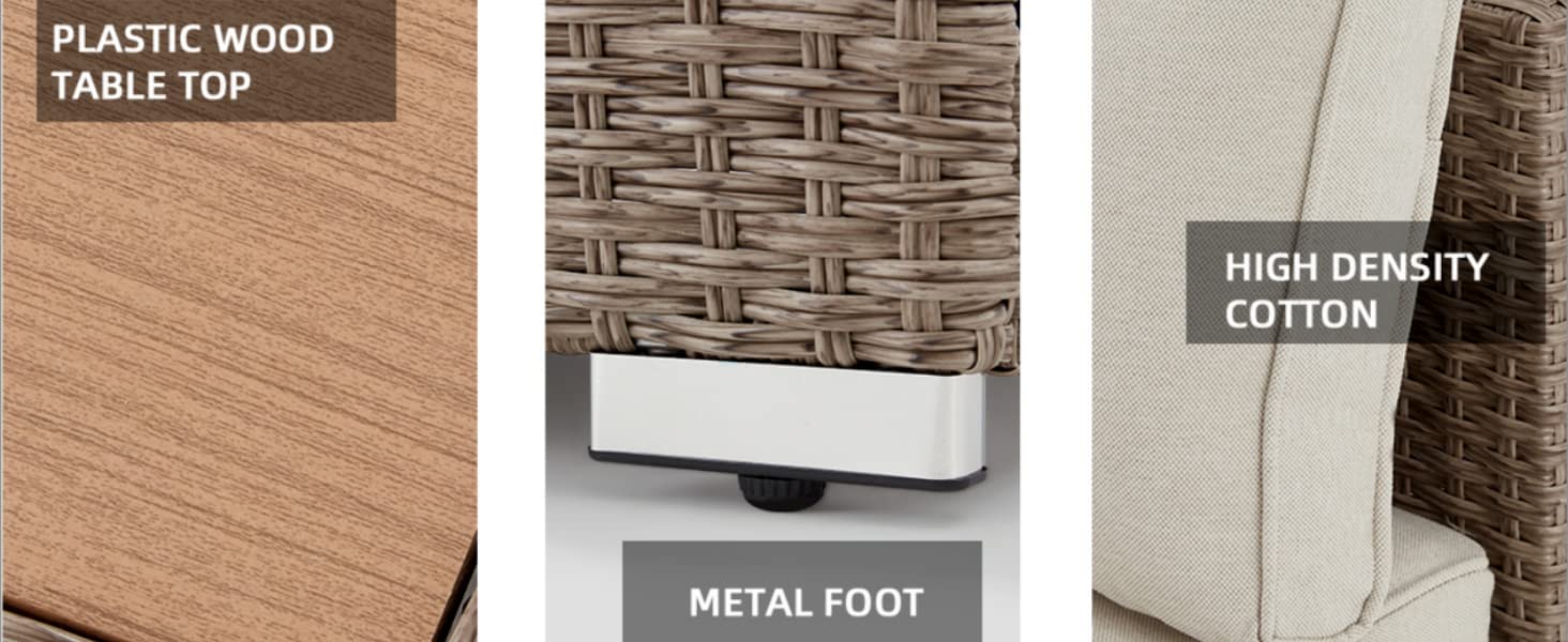 Homrest 7 pieces patio furniture set with plastic wood table top, metal foot and high density cotton.
